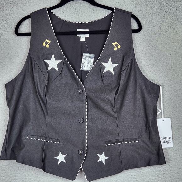 UNIQUE VINTAGE Vest Womens 2X Black Music Notes Stars Pockets V-Neck NWT - Picture 1 of 14